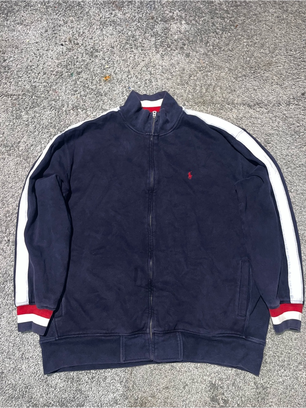 Ralph Lauren Navy Track Jacket with White Shoulder Stripes and Red Accents